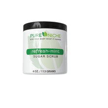 Load image into Gallery viewer, Jar of Pure Nicole refresh-mint sugar scrub on a gray background
